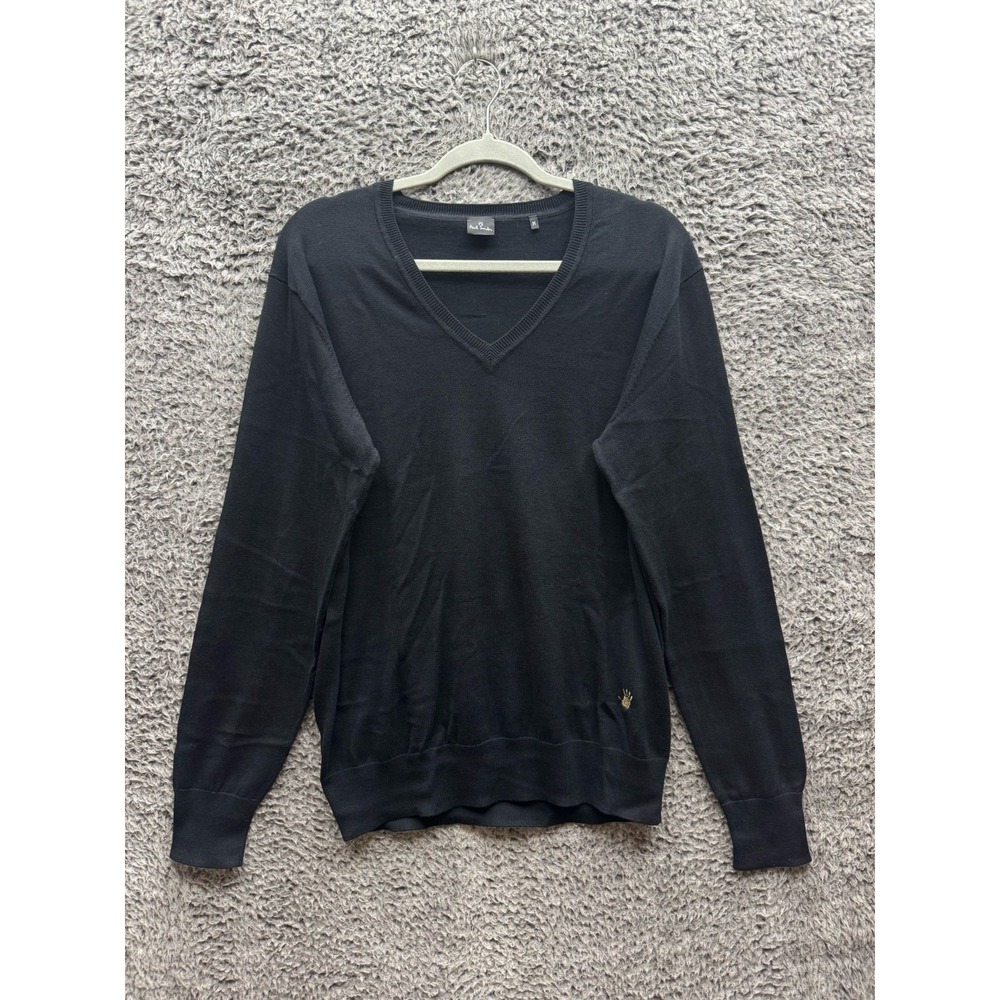 Paul Smith Large Cotton Knitted Pullover V‎ Neck Sweater Black Mens Size M